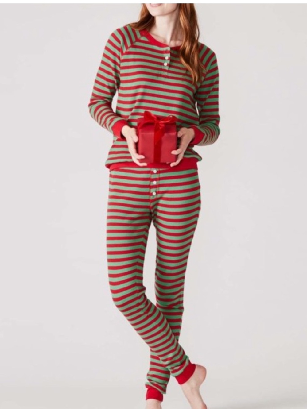 Lake Waffle Thermal Holiday Christmas Striped Pajamas Set